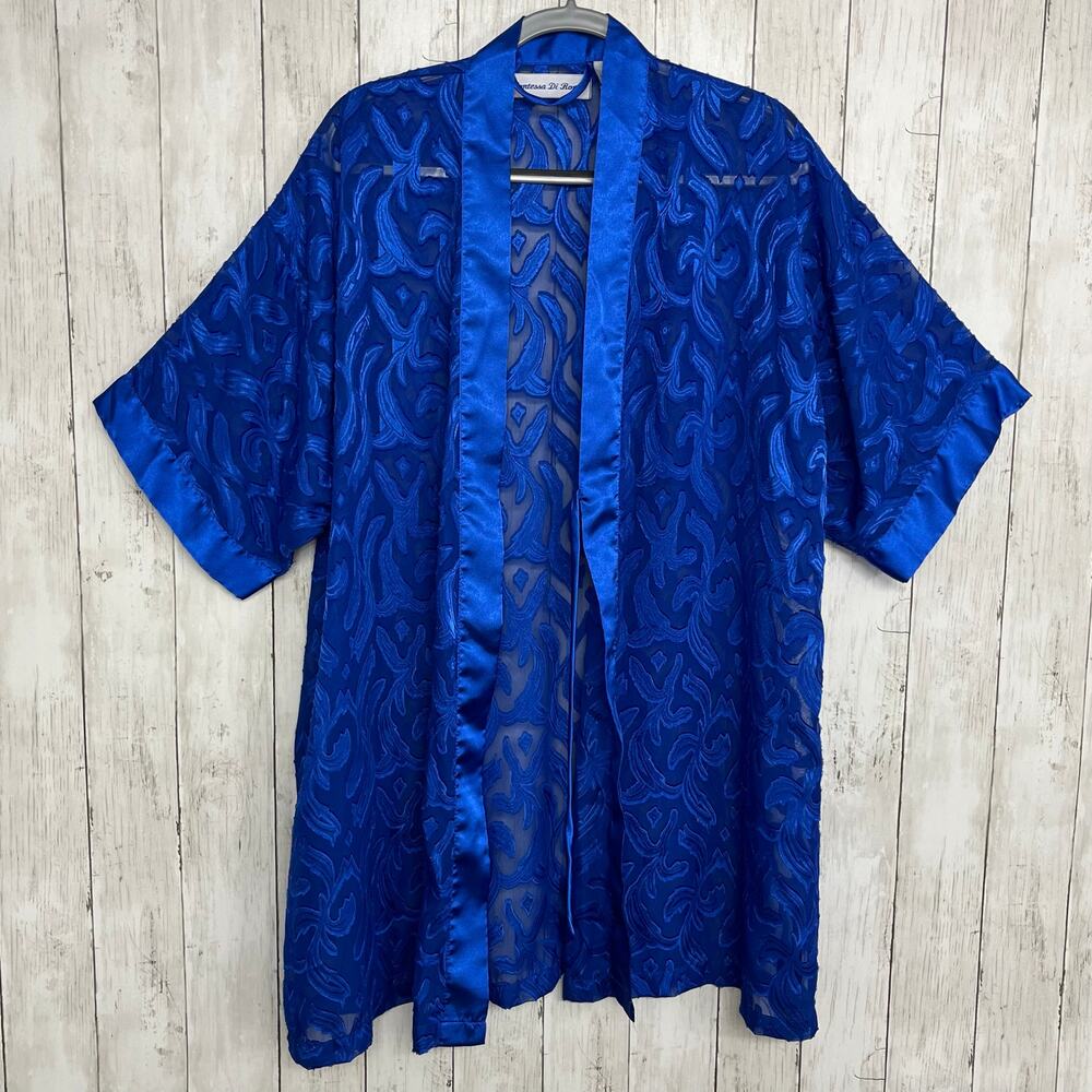 Vintage Contessa Di Roma Blue Sheer Short Sleeve Tie Close Robe Kimono Medium